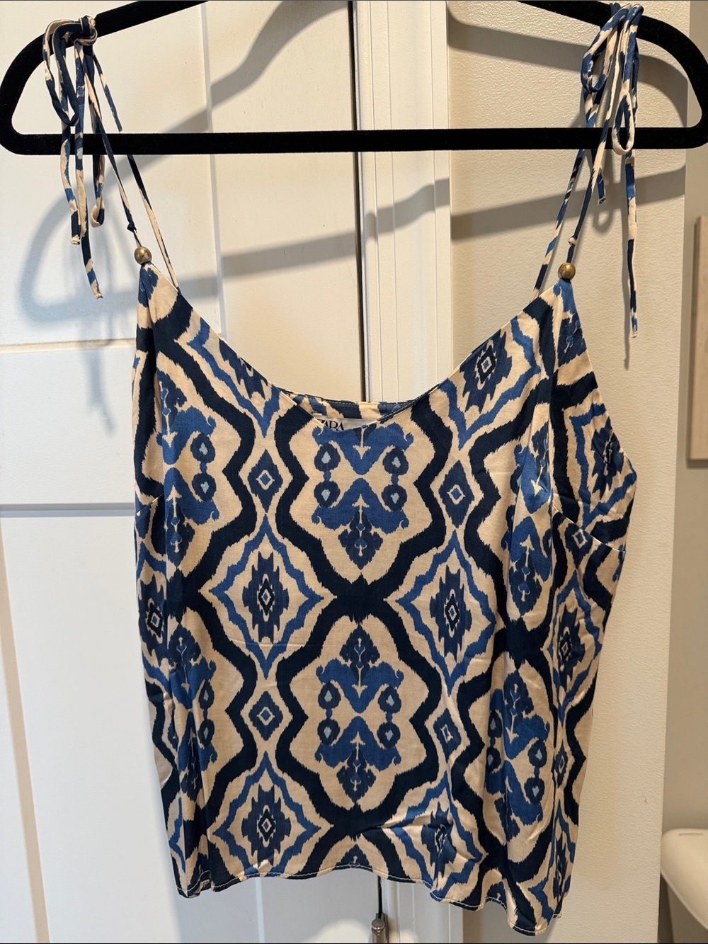 Zara Blue and Cream Printed Tie-Shoulder Tank Top